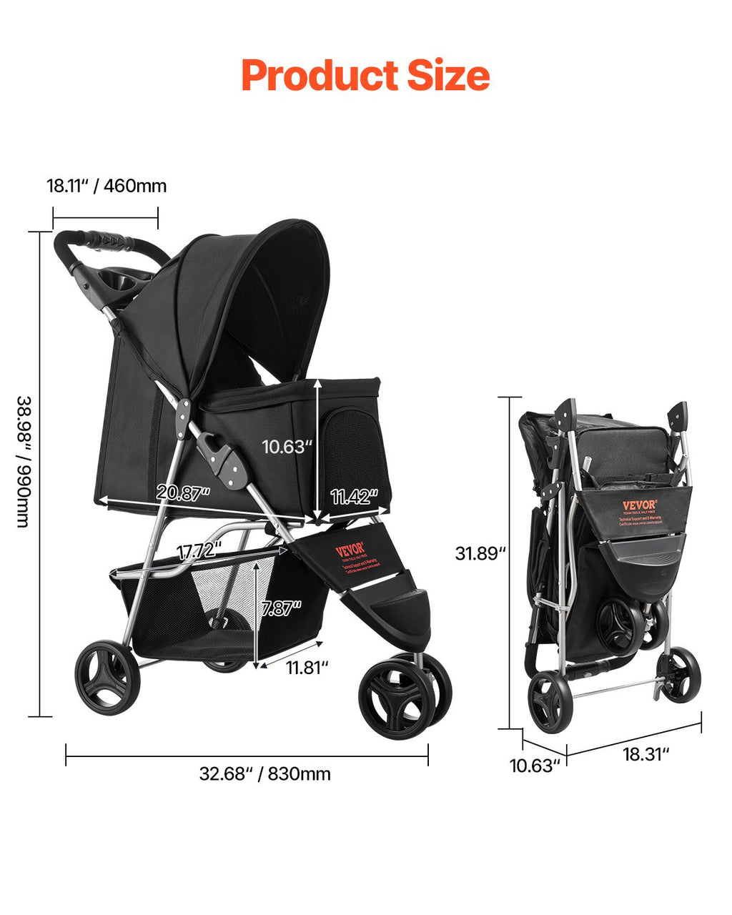 Pet Stroller Foldable 3 Wheels Dog Stroller with Brake, up to 35lbs