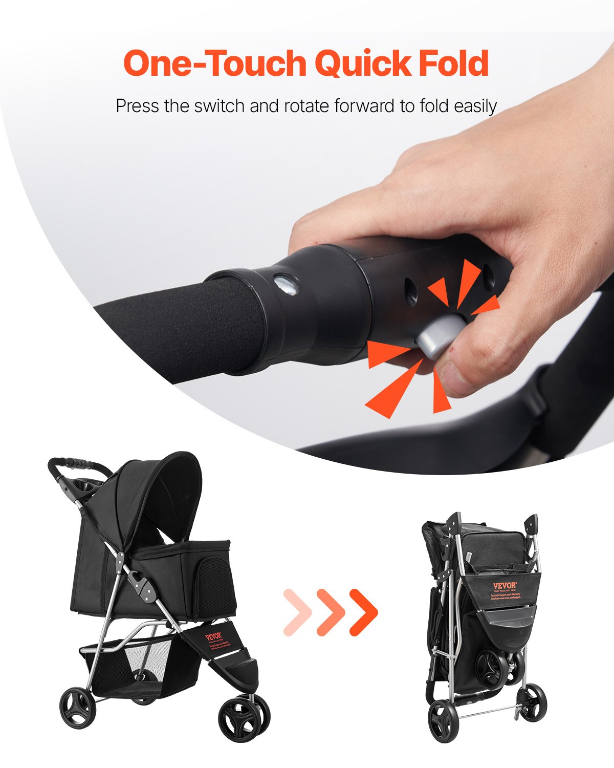 Pet Stroller Foldable 3 Wheels Dog Stroller with Brake, up to 35lbs